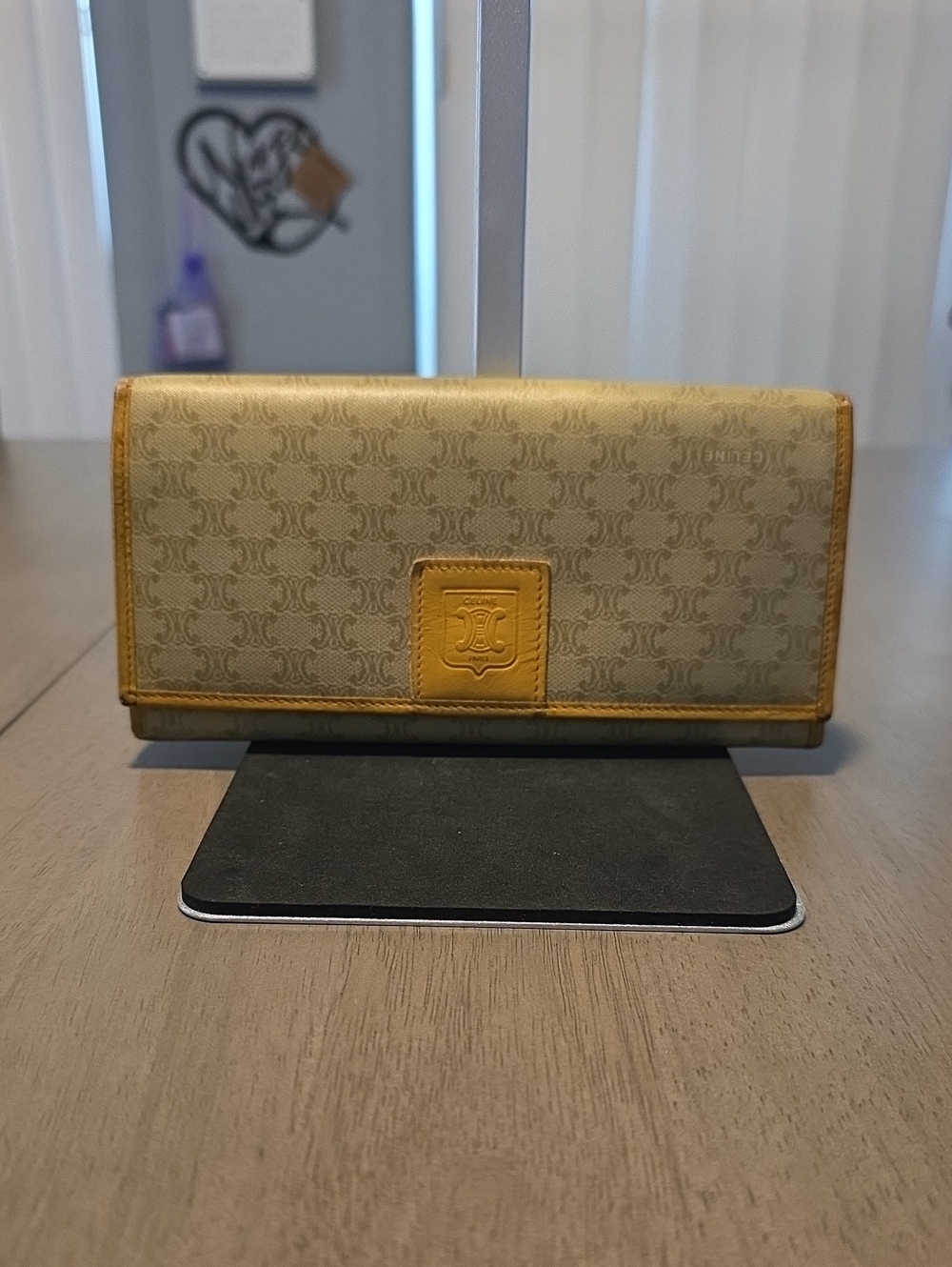 Vintage (1990)Celine Macadama Beige and Tan Triomphe Continental Long Wallet